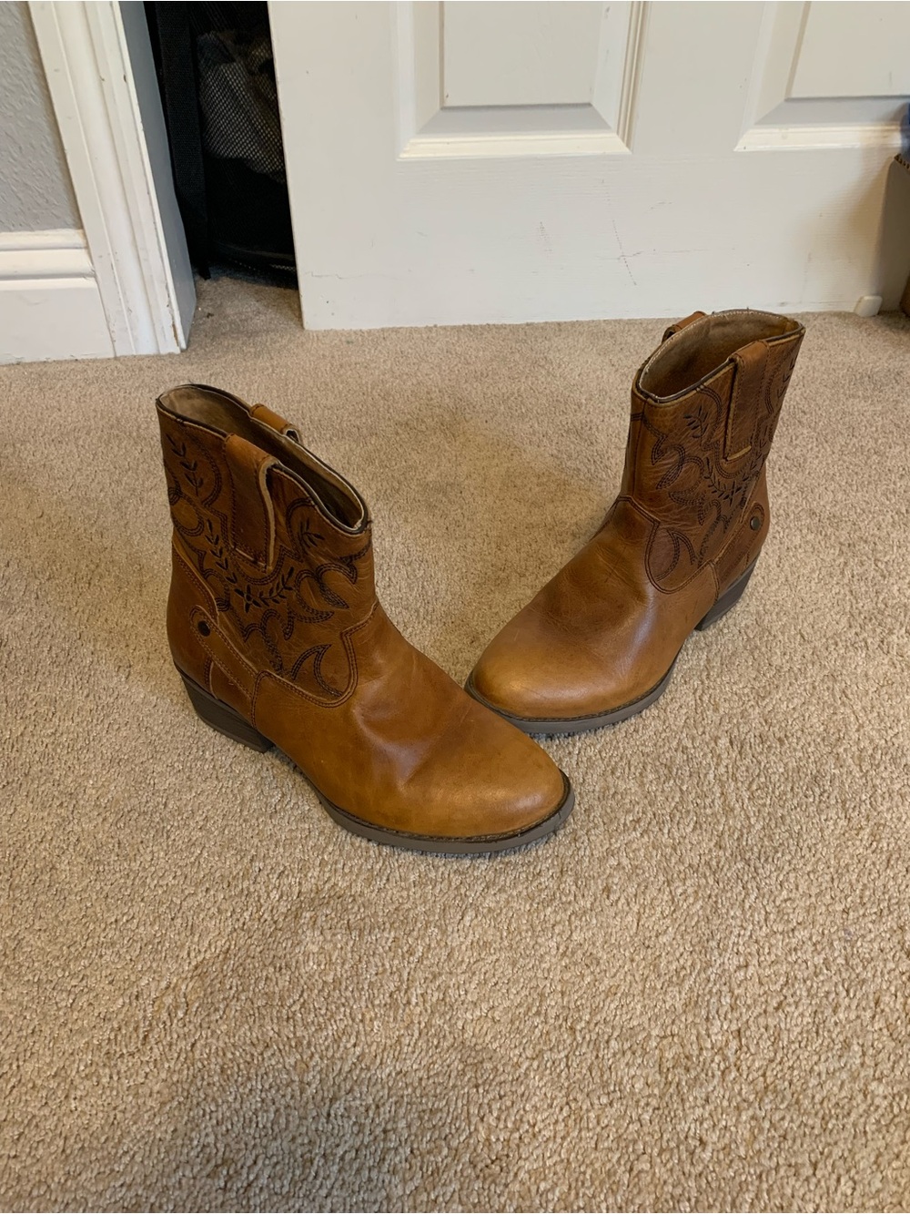 Brown Embroidered Western Ankle Boots
